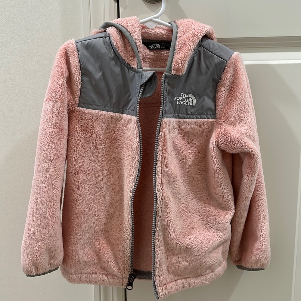 Toddler girls blush pink The North Face furry jacket.